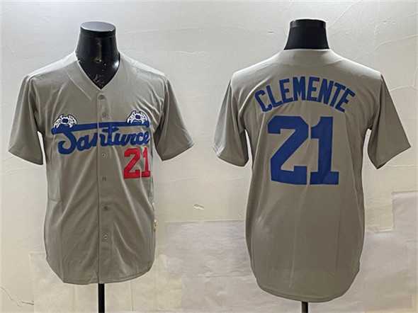Mens Santurce Crabbers #21 Roberto Clemente Gray Cool Base Stitched Jersey